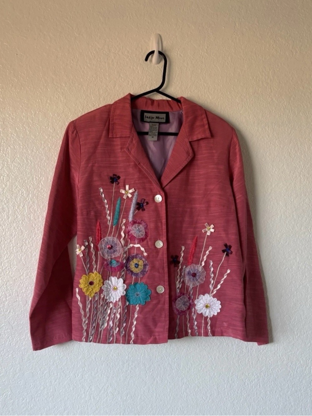 Indigo Moon Pink Embroidered
Blazer M Cotton Rayon Floral
Ribbon Jacket Vintage